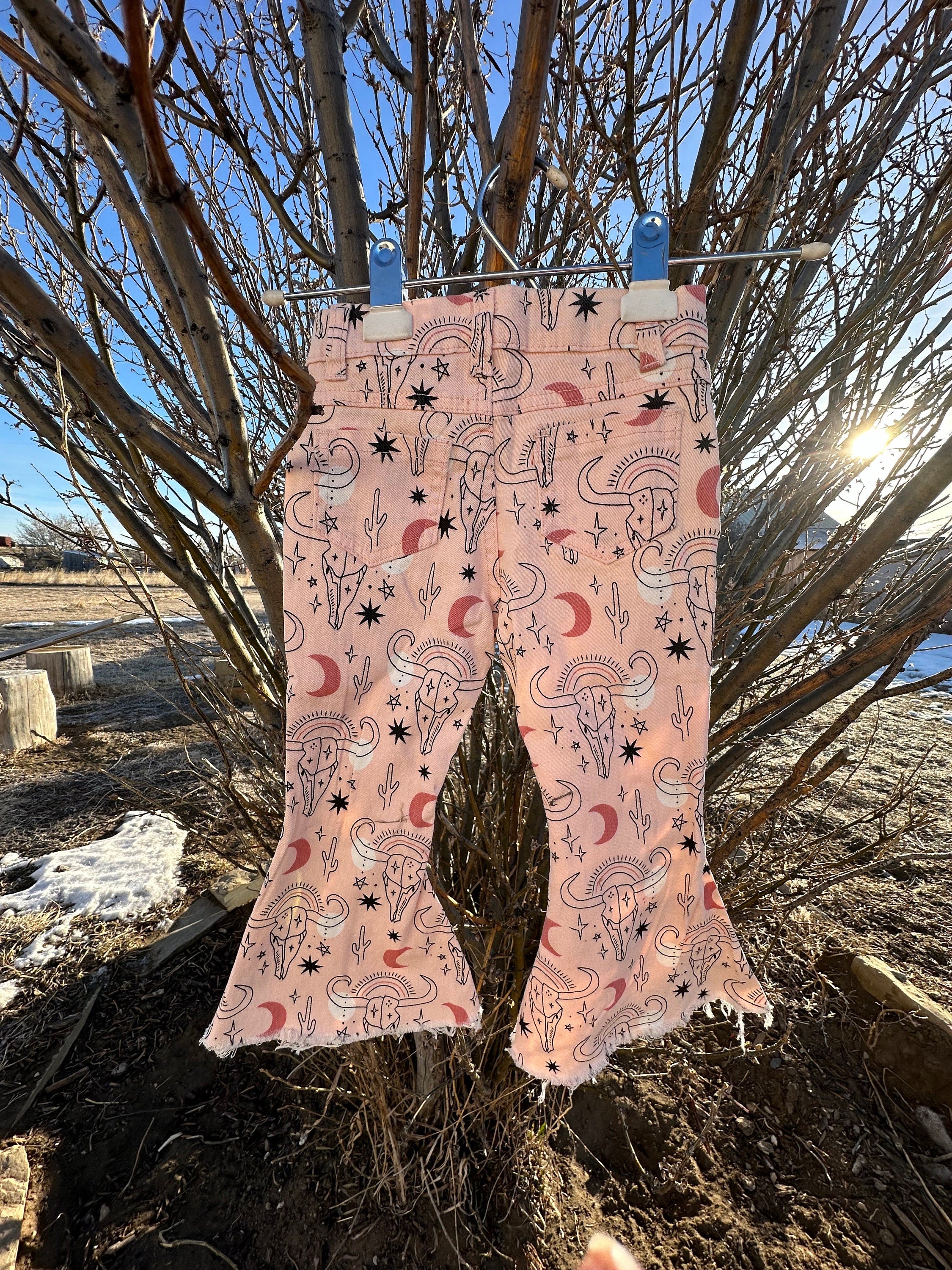 Cowgirl Pink Bell Bottoms, Western Cow Skull Jeans -Razels