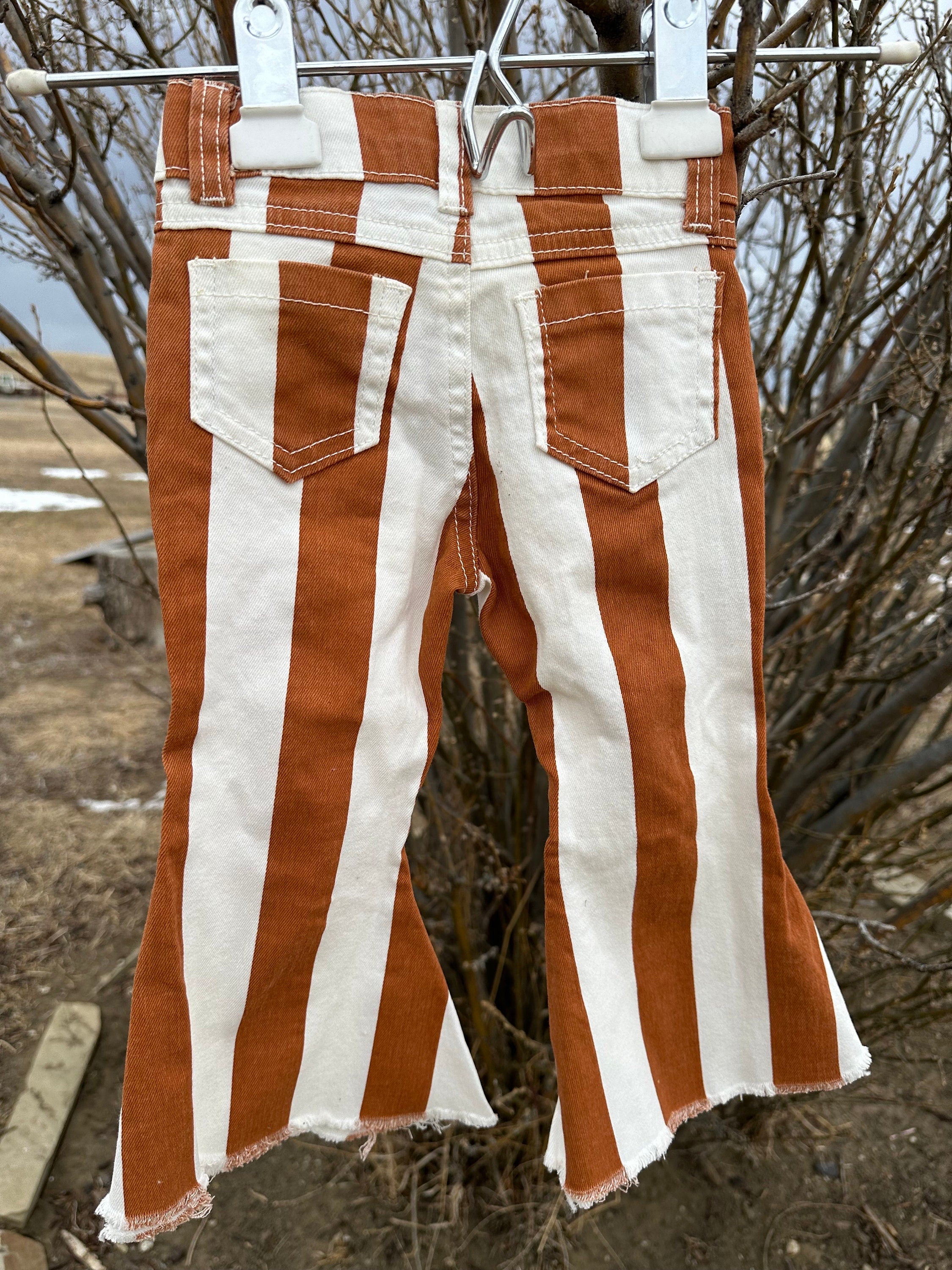 STRIPED Bell Bottom Jeans | Girls Frayed Flare Jeans, Back to School Jeans available in brown and white stripe and blue, tan grey, white stripe.