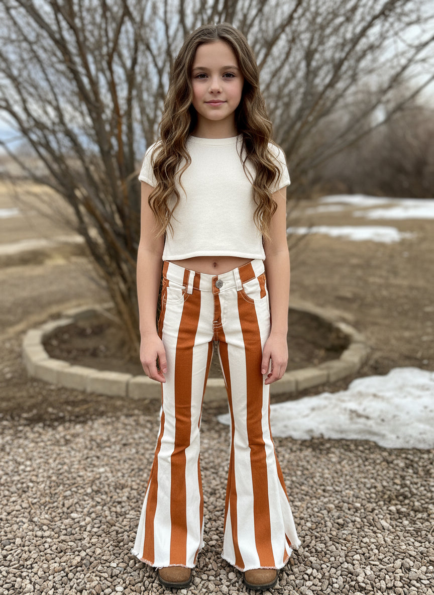 STRIPED Bell Bottom Jeans | Girls Frayed Flare Jeans, Back to School Jeans available in brown and white stripe and blue, tan grey, white stripe.