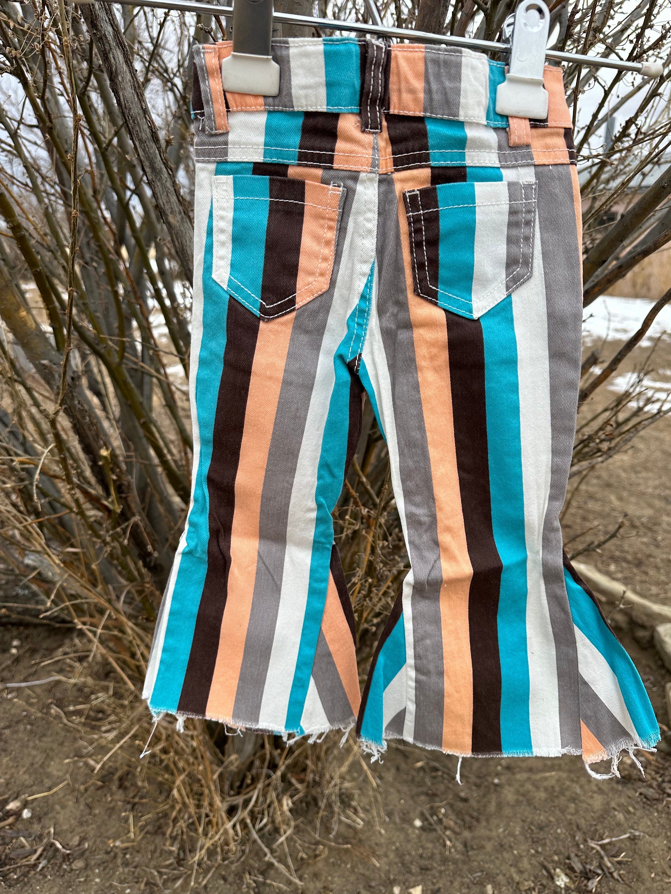 STRIPED Bell Bottom Jeans | Girls Frayed Flare Jeans, Back to School Jeans available in brown and white stripe and blue, tan grey, white stripe.