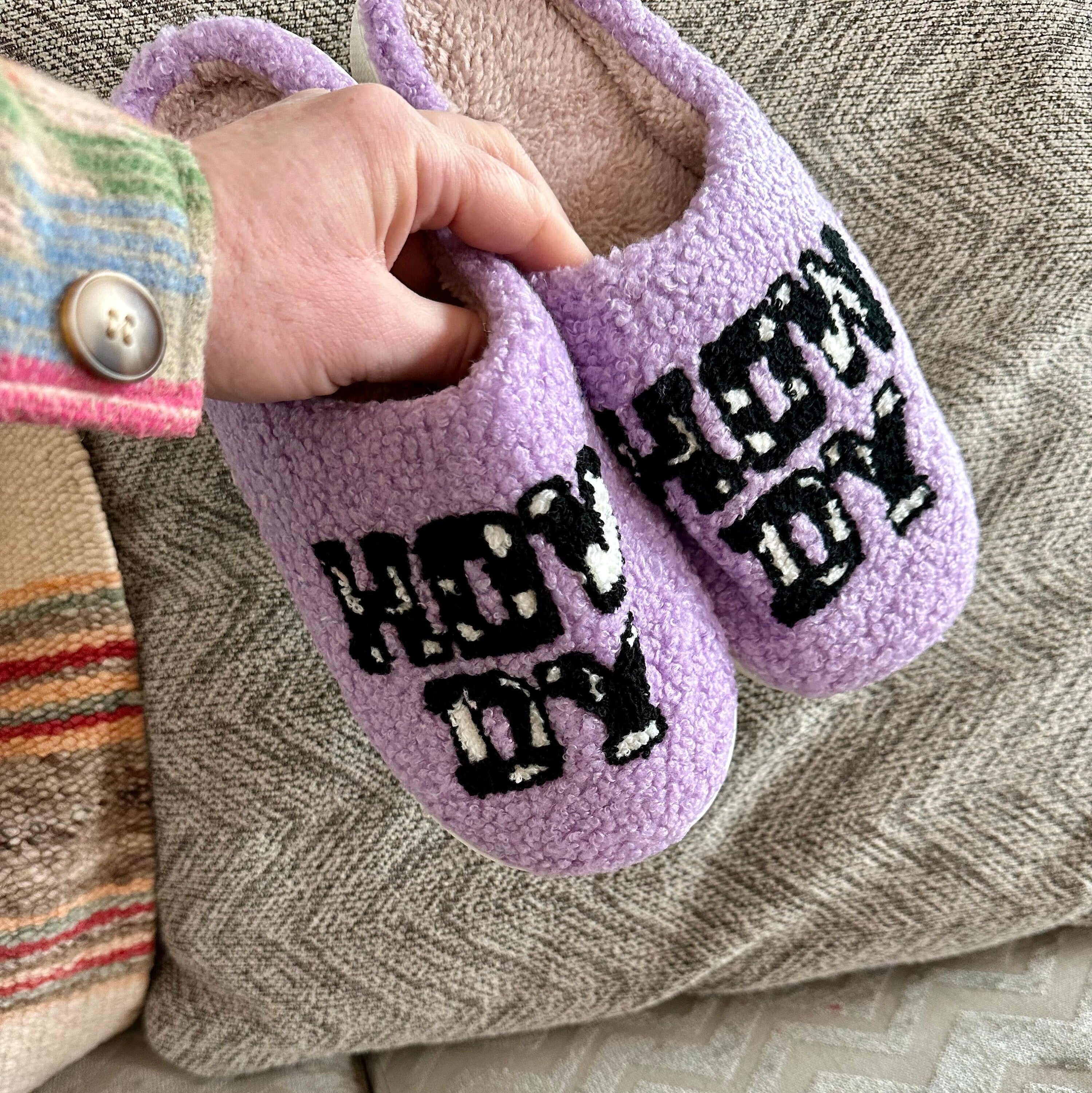 "Howdy Cowgirl Slippers - Western-Inspired Cow Print Slippers, Perfect Gift for Her | Purple 'Howdy' Design"