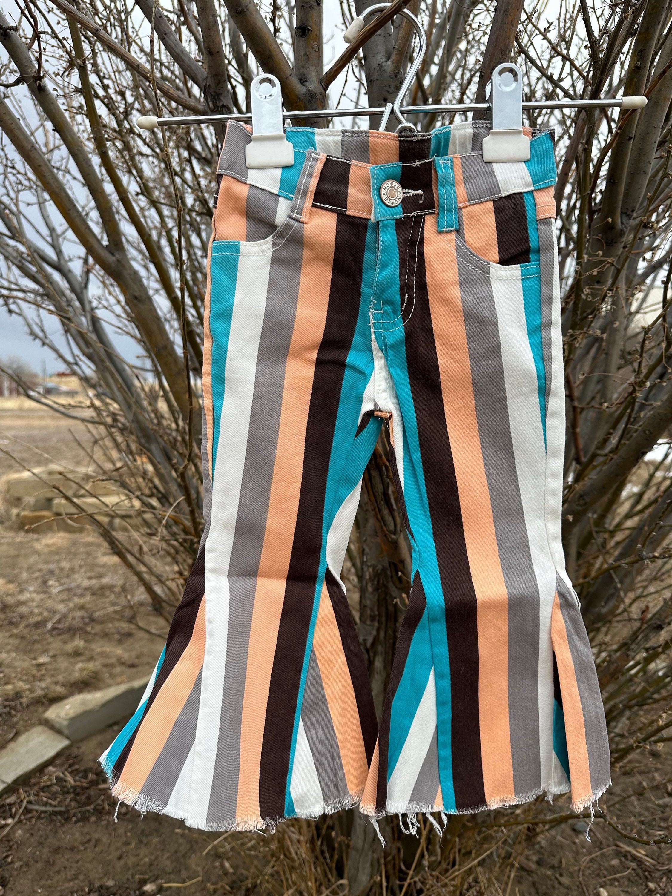 STRIPED Bell Bottom Jeans | Girls Frayed Flare Jeans, Back to School Jeans available in brown and white stripe and blue, tan grey, white stripe.