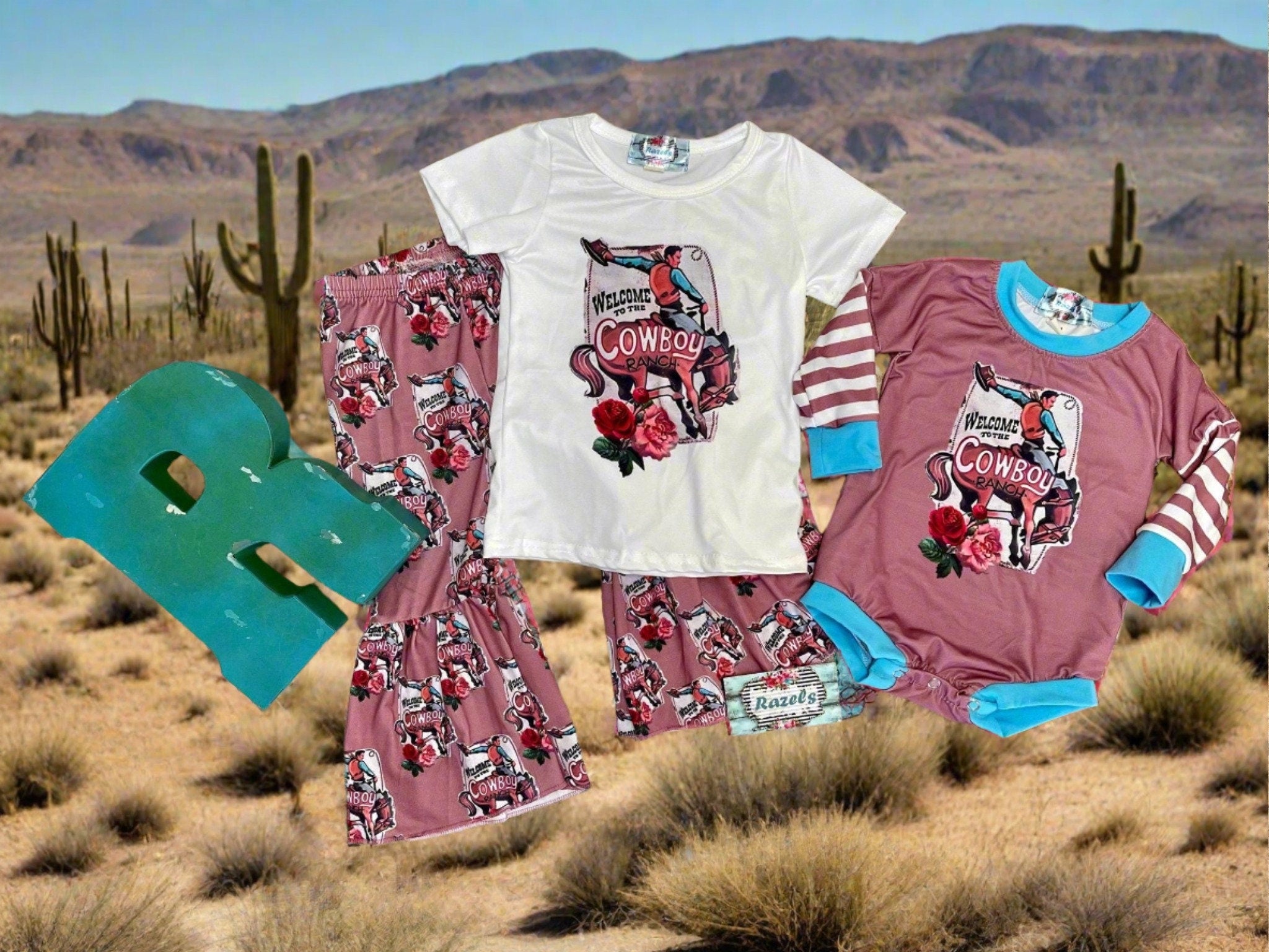 Get ready to welcome the Cowboy Ranch in style with these adorable Matching Sister Outfits! 🤠 Featuring a Cowgirl Bell Bottom Outfit and a coordinating one-piece, this set is perfect for siblings who want to share the Western love. Ships FREE $35+