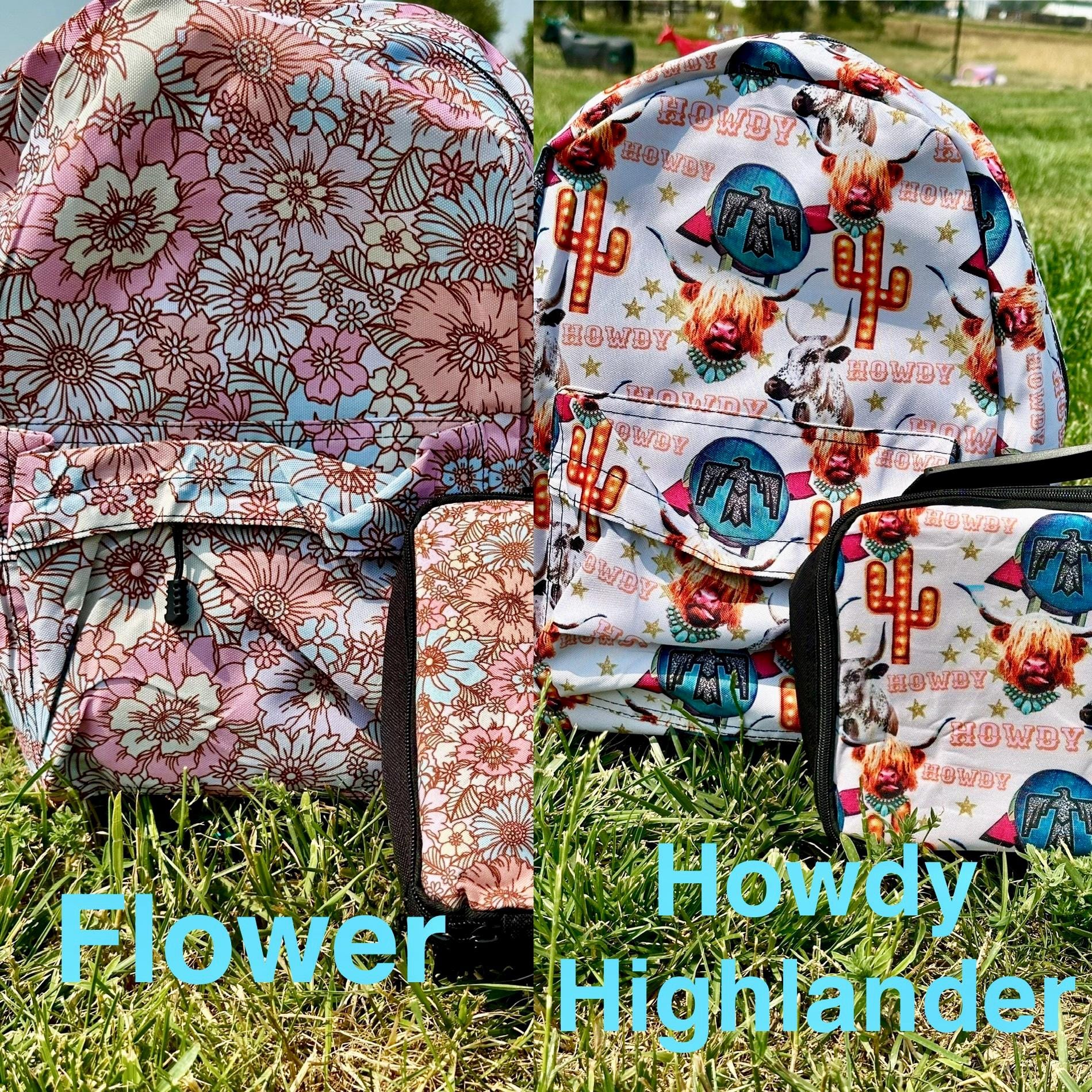 Kids Western Backpack: Highland Cow, Cactus, & Floral Prints -Razels