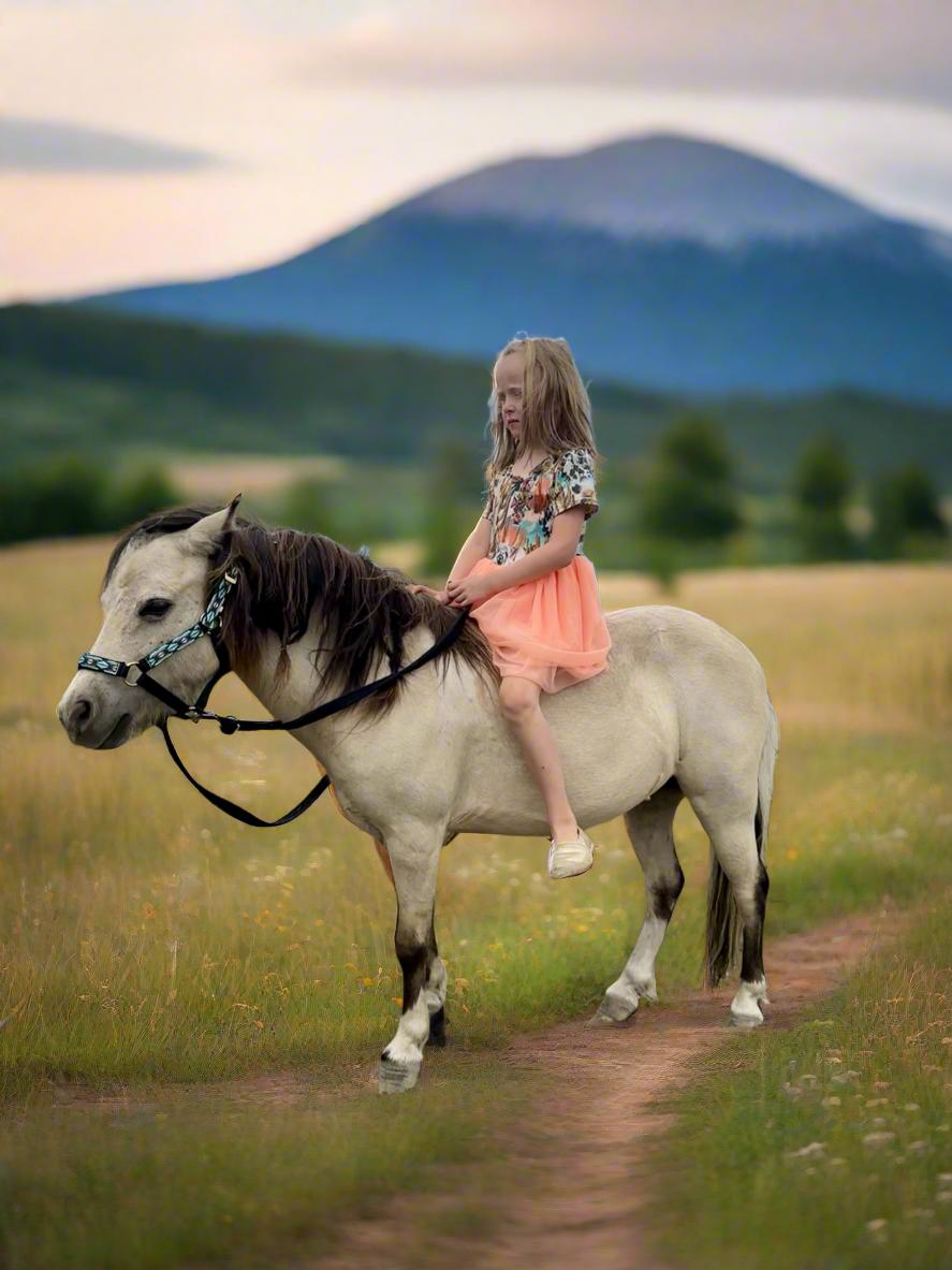 Jernie riding Cookie out Cowgirl Princessing in her Western TUTU Cowgirl Party Dress in peach