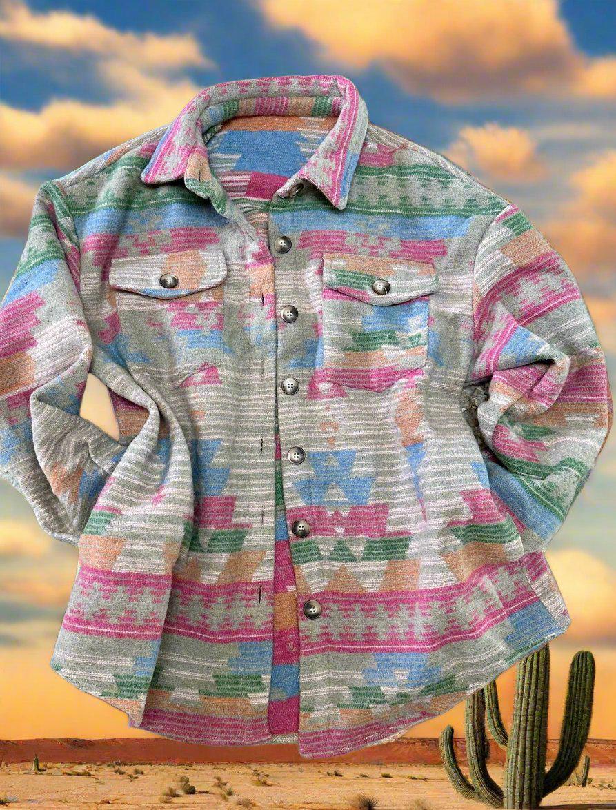 Pink Western Aztec Shacket | Southwestern Women’s Shirt Jacket, Oversized Layering Shirt, Western Style Jacket
