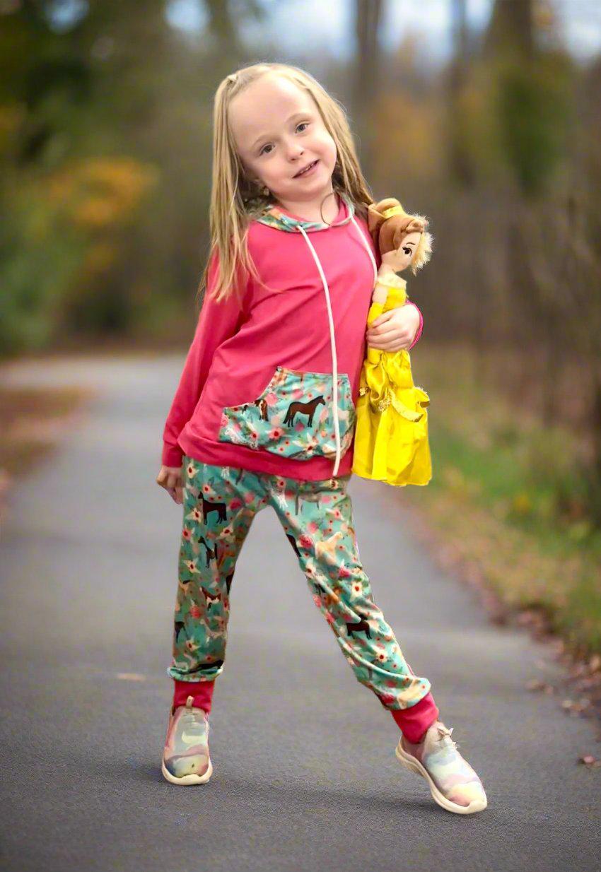 Horse girls jogger pants and hoodie outfit