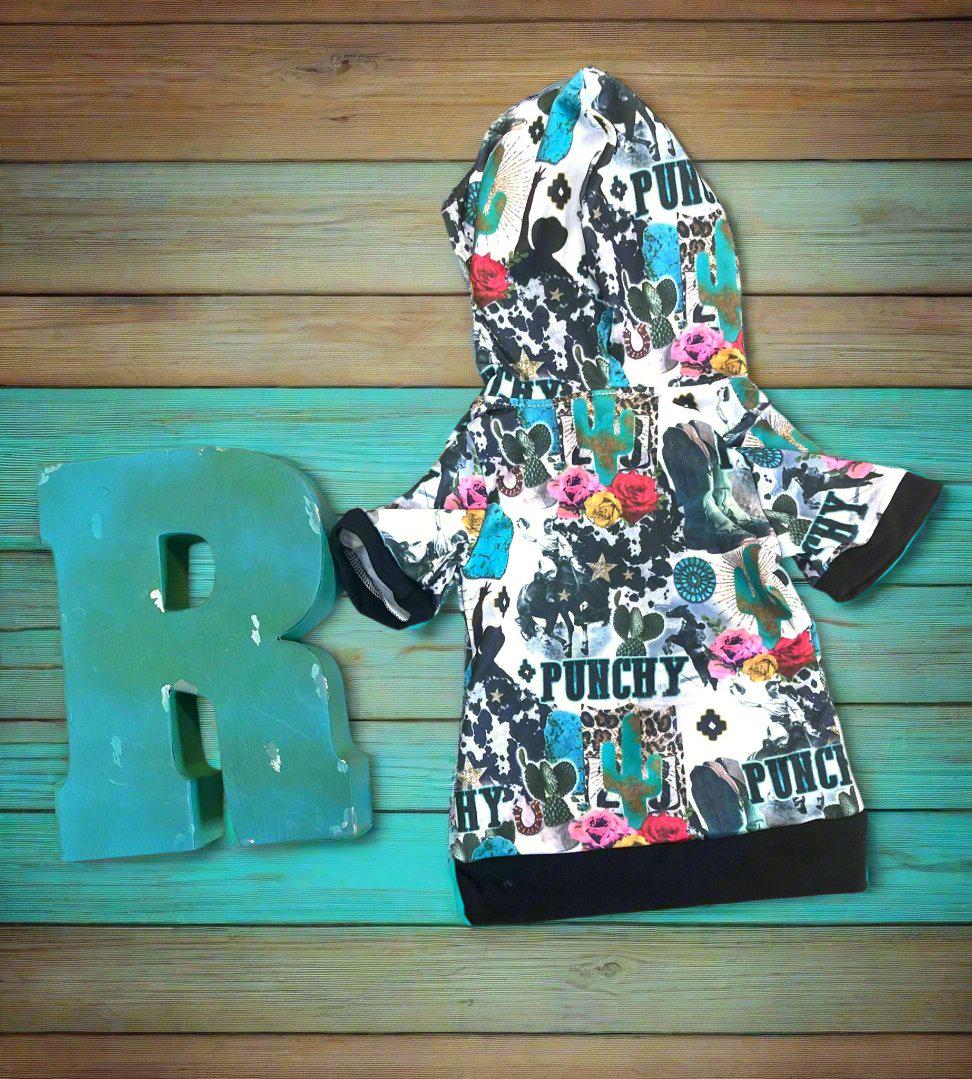 Girls Cowgirl Outfit | Western Hoodie Jogger Set for Kids This Girls PUNCHY Cowgirl Outfit is full of retro cowboy vibes. This Western outfit features an allover Western print with matching jogger pants and a lightweight, short-sleeved hoodie top.