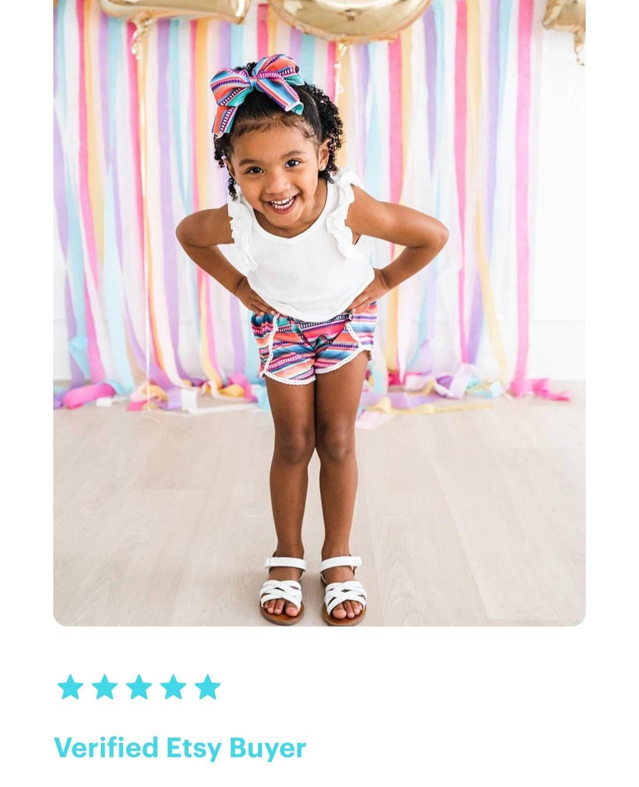 Girls Serape Summer Shorts – Pink Stripe Western Boutique Style – Lightweight & Lace Hem -Razels