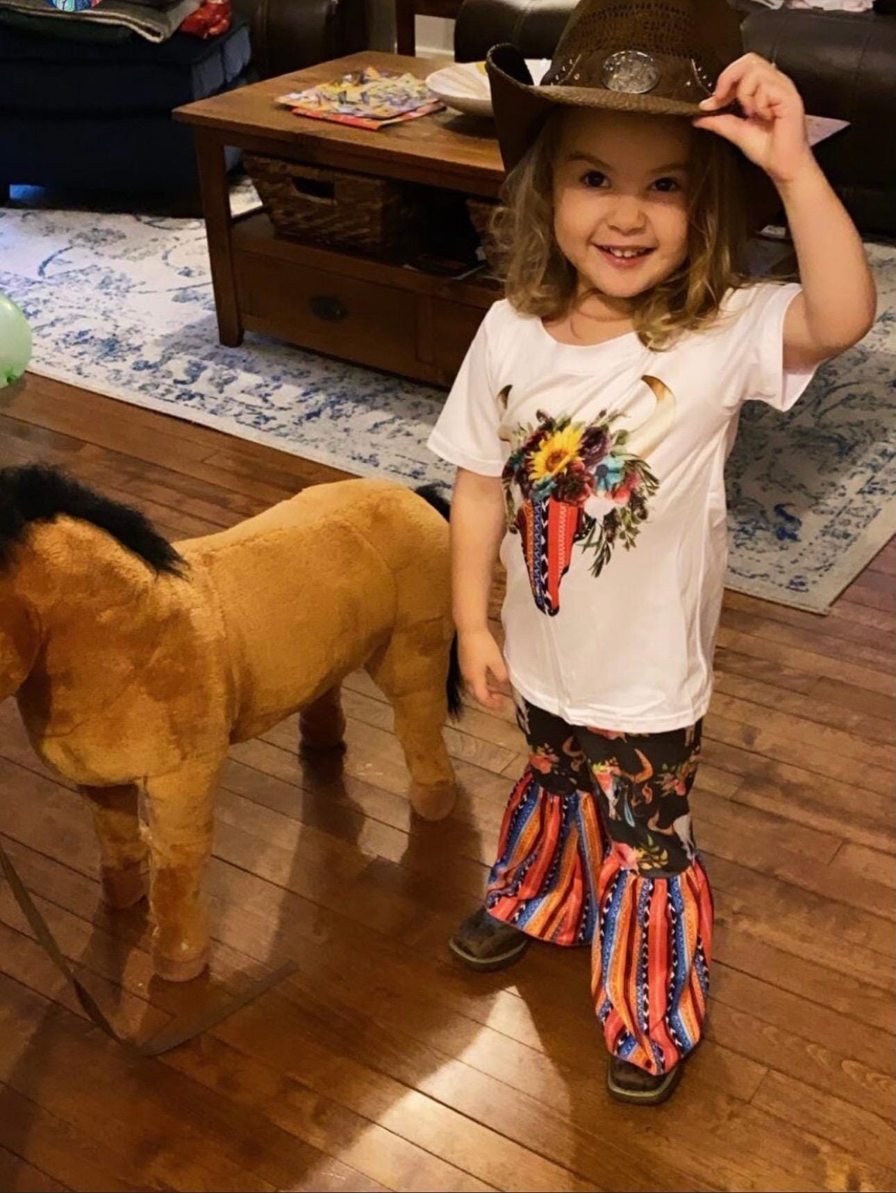 Girls' Cowgirl Bell Bottom Outfit: Steer Skull Sunflower Shirt -Razels