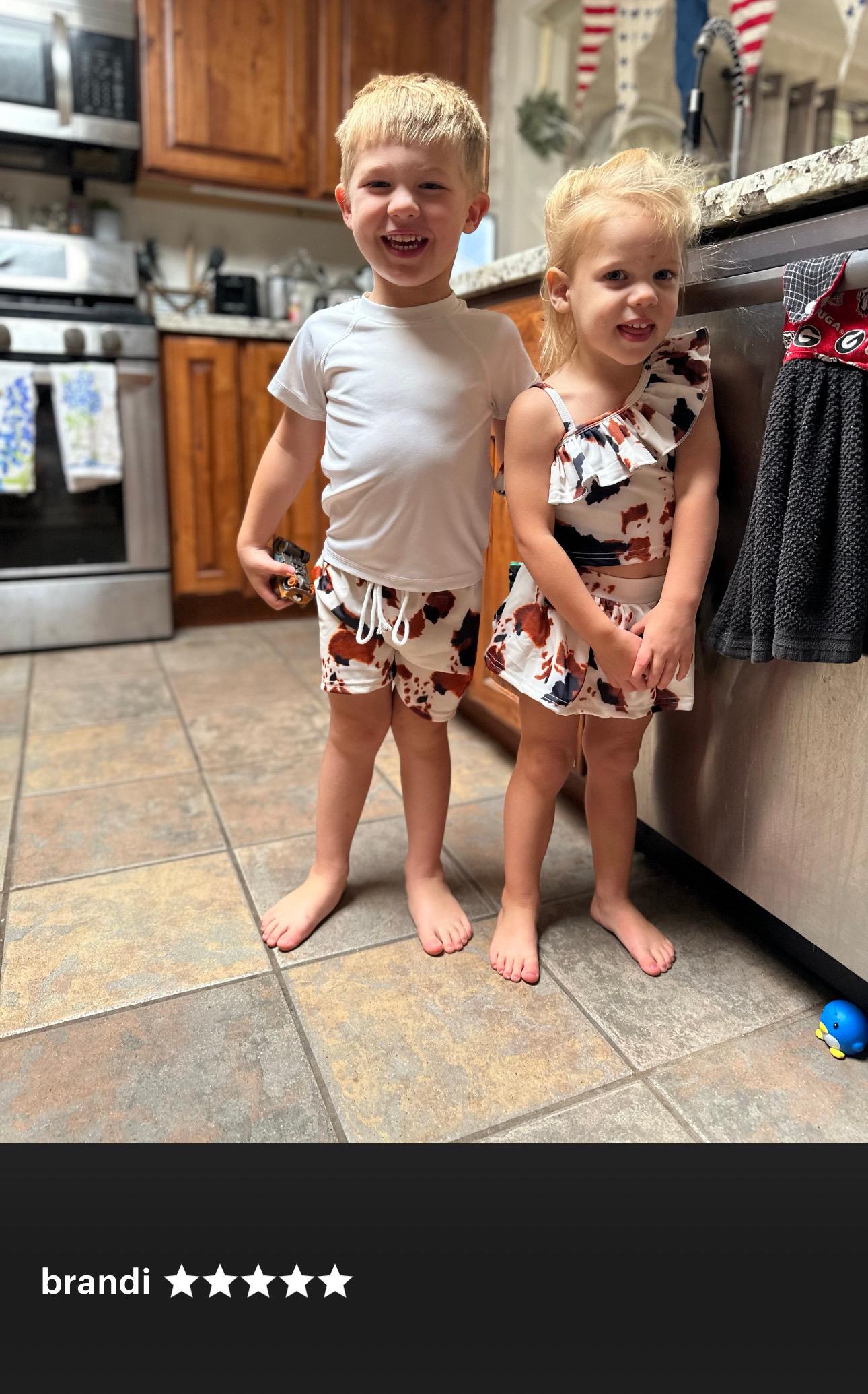 Cow Print Swim Suits are perfect for little cowboys and cowgirls!  Available Styles: Cow Print One-Piece, 2-piece tankini, or boys' Cowprint Shorts.Available in sizes 0-3 months to 8/9 years. Ship FREE with $35+ purchase.