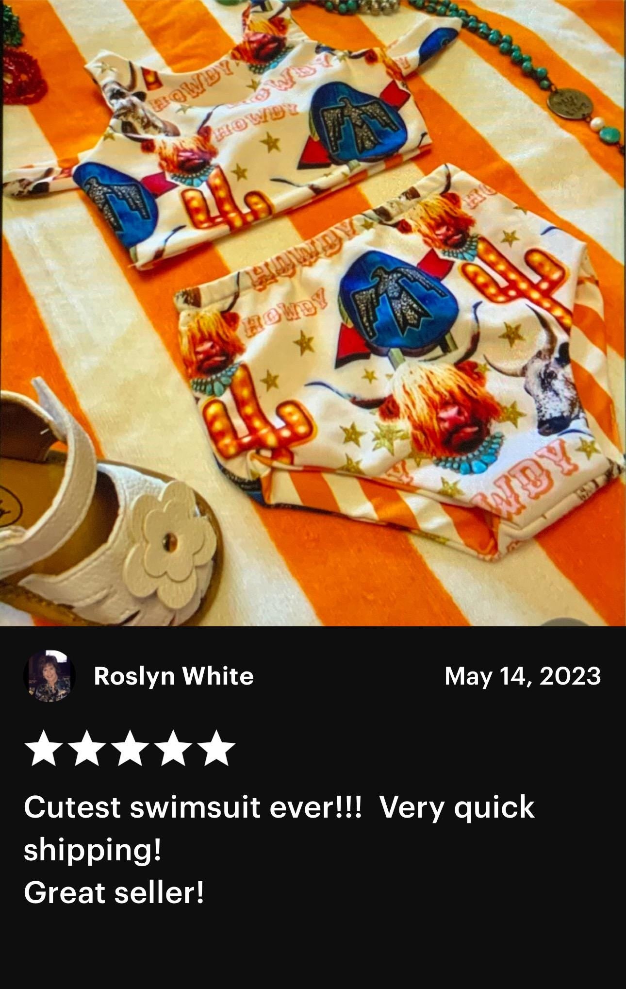 COW GIRL Swimsuit | Western Swimsuits | Striped Swimsuit | REVERSIBLE SWIMSUIT Highland Cow REVERSIBLE Swimsuit &Longhorn Cow Bikini This Western Reversible 2-piece Swimsuit is a must-have for summer fun! One side features the cutest cow-inspired fabric with Scottish Highland Cows, Longhorn Cows, Thunderbirds, and Neon Cactus Signs. Flip it over, and you've got bright yellow stripes for a whole new look! Reversible? Yes! Durable? Absolutely! Fun? 100%! Available in sizes 0/3 months to 7/8.