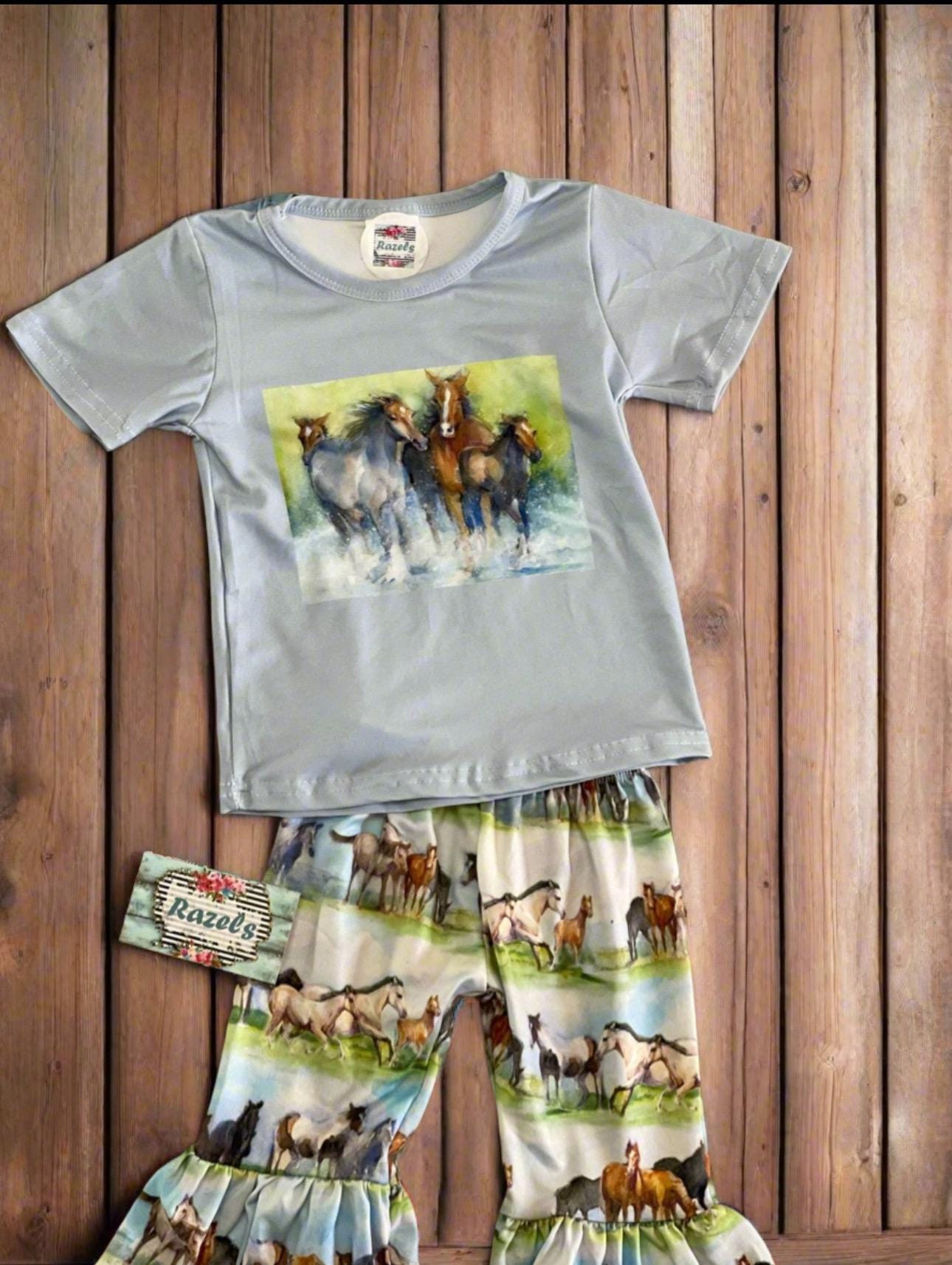 Horse Outfit, BABY Girls Bell Bottom Vintage Horse Pants & Retro Horse Shirt for 3-6 months, 6-12 months, 12-18 months -Razels