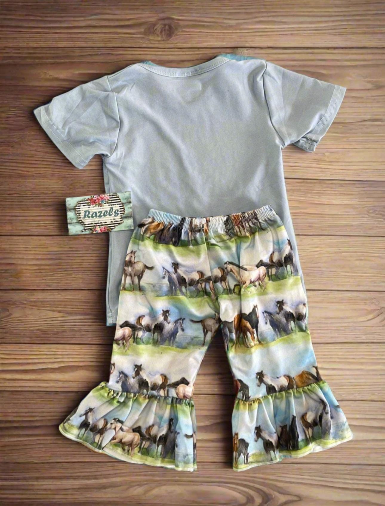 Horse Outfit, BABY Girls Bell Bottom Vintage Horse Pants & Retro Horse Shirt for 3-6 months, 6-12 months, 12-18 months -Razels