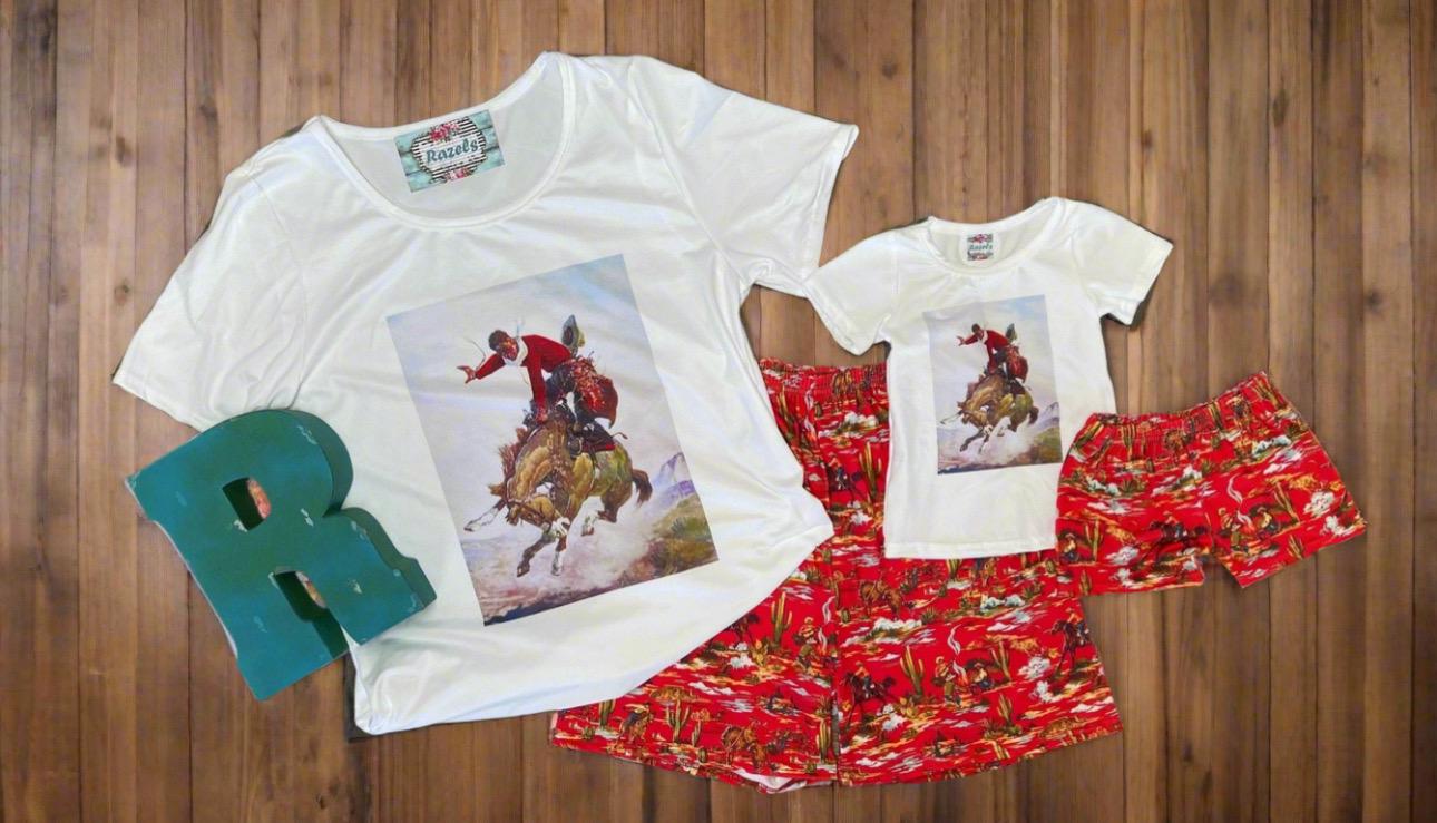 Saddle up in style with this adorable Girls’ Cowgirl Outfit! This Retro Western Short Set is perfect for summer rodeos, playdates, or just lounging in comfort. The set includes a stylish Rodeo Shirt featuring a bold bronc rider graphic and matching Cowboy Shorts with a fun vintage-inspired Western Shorts design. ✨ Matching Mom and Daughter Set Available – Twinning Approved! ✨ Soft, Breathable & Stretchy (95% Cotton, 5% Spandex) ✨ True to Size (TTS) for the Perfect Fit