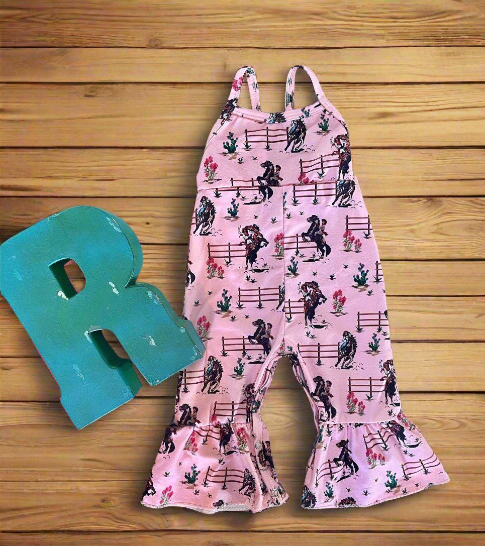 Girls' Retro Cowgirl Romper: Western Jumpsuit, Pink or Blue -Razels