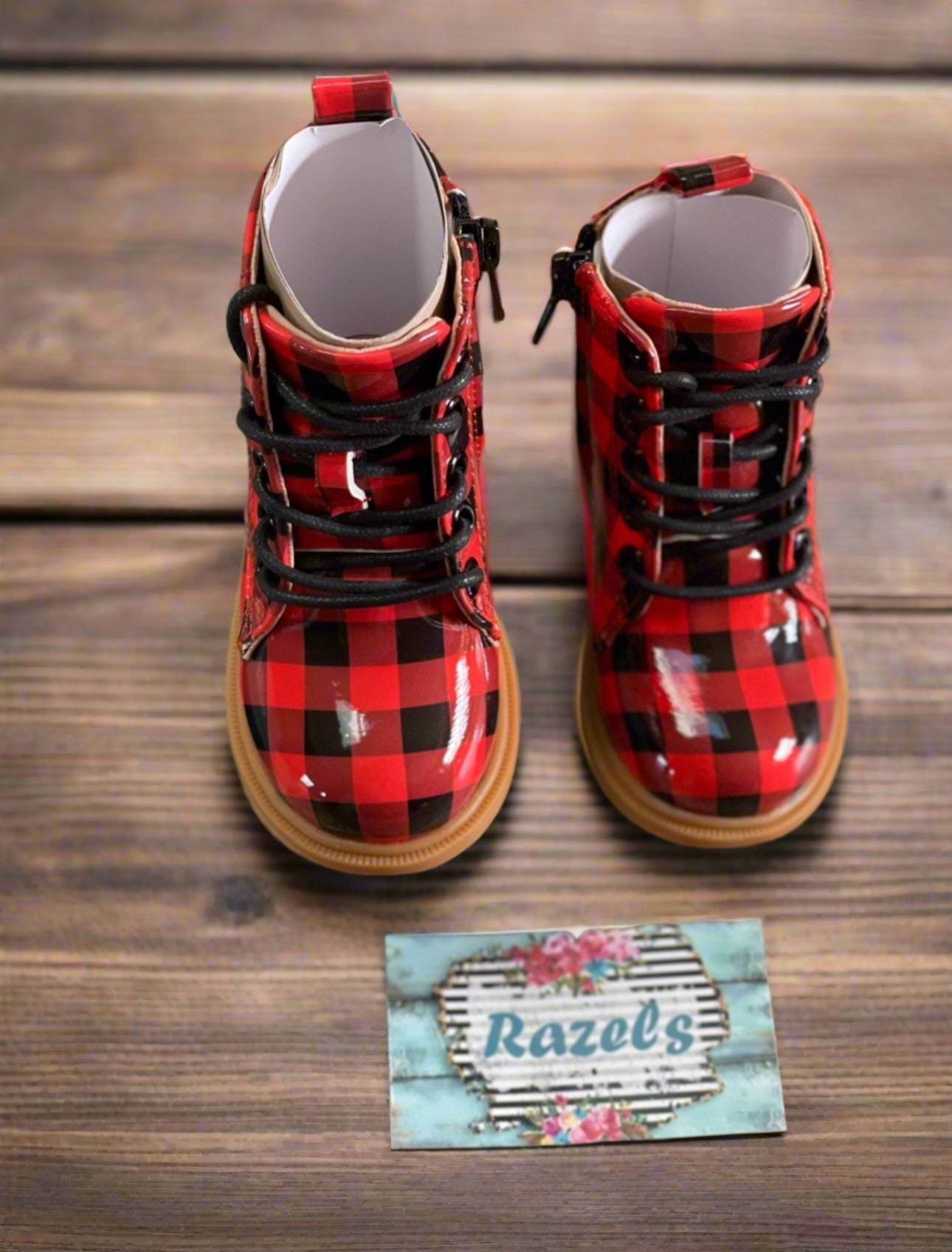 Buffalo Plaid Boots Kids Red & Black Checkered Ankle Boots Cozy Winter Footwear -Razels