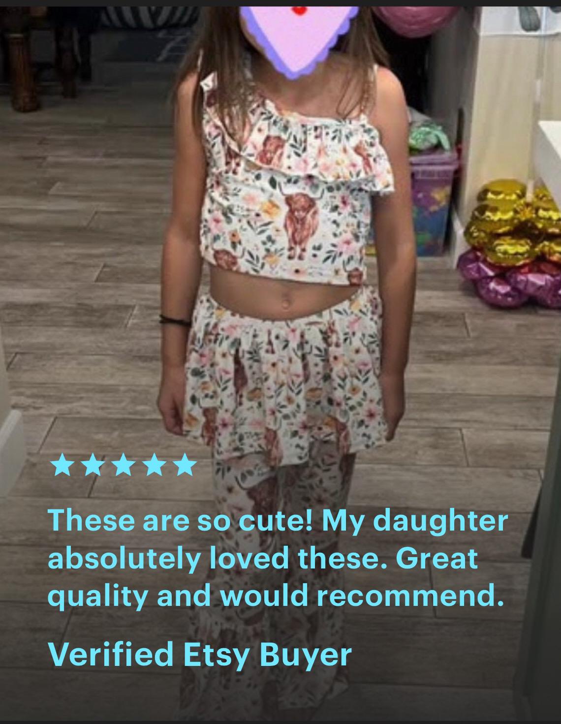 5 star review of Girls Scottish Highlander Flower Bell bottom pants