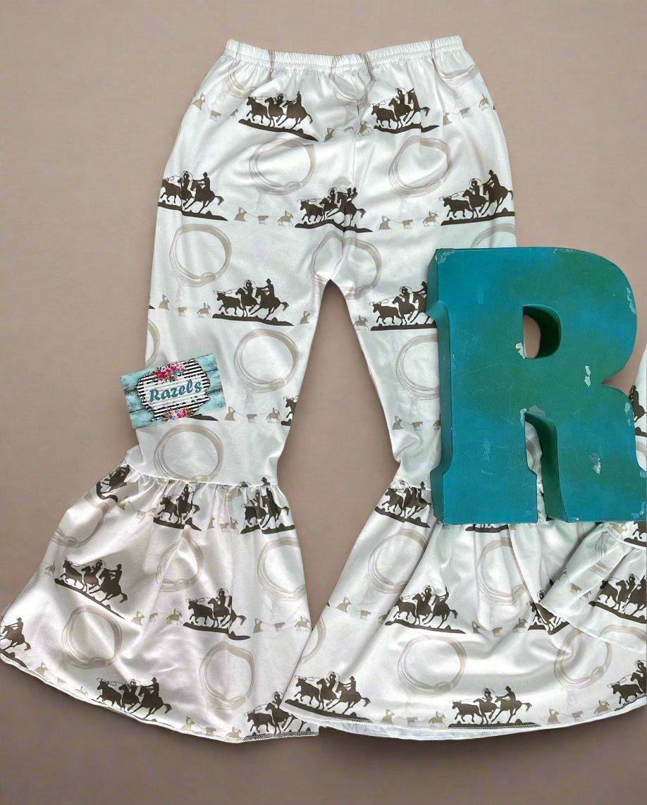 CLEARANCE $10 – Team Roper Bell Bottom Pants, Rodeo Flare Pants for Girls, Western Team Roping Print, Kids Cowgirl Outfit