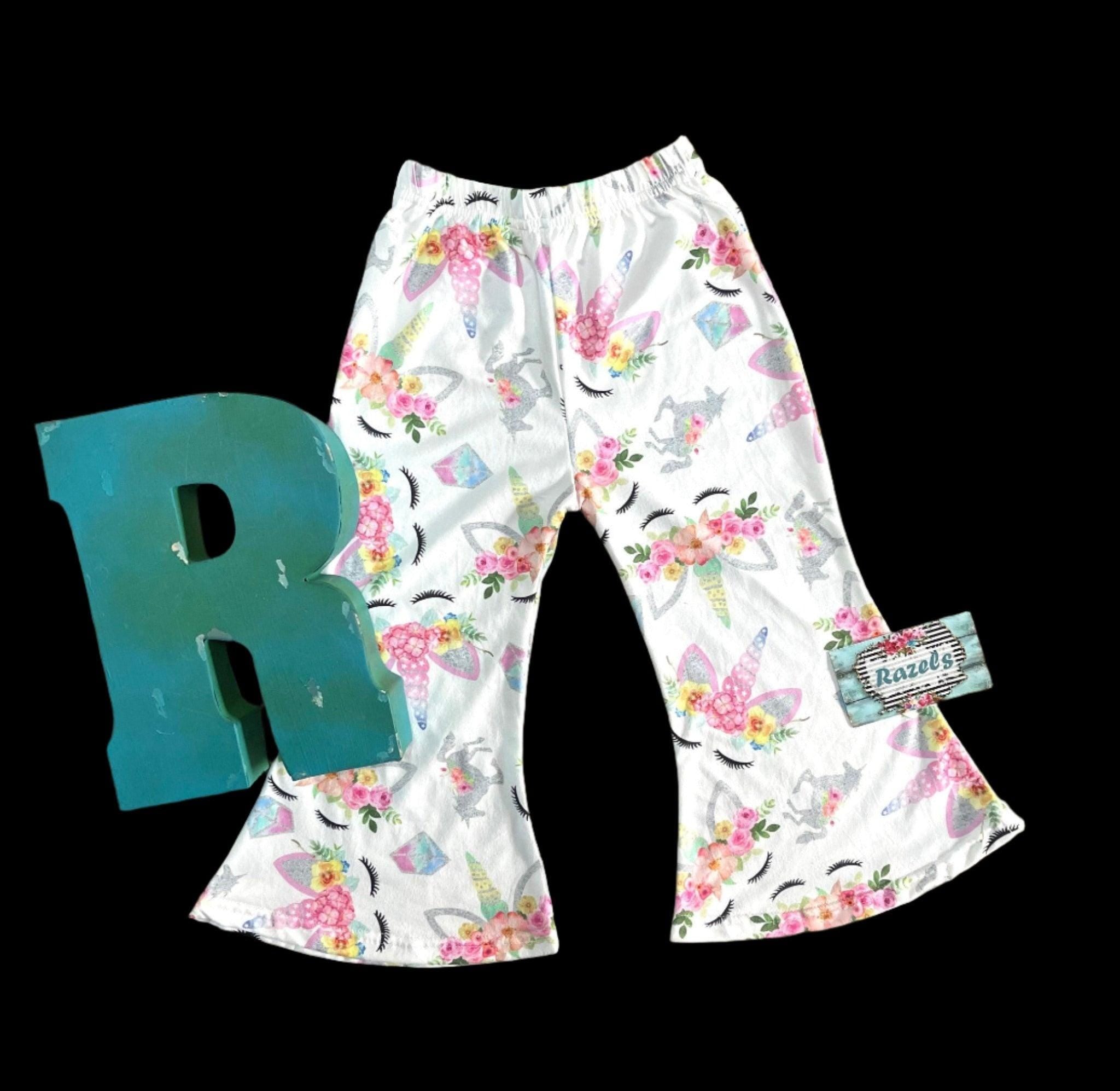 CLEARANCE Unicorn Toddler Pants size 2-5t, Floral Toddler Bell Bottoms -Razels