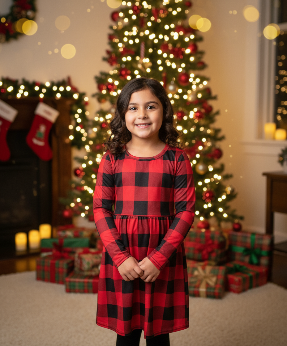 Girls Red & Black Buffalo Plaid Dress – Holiday Outfit | Christmas Dress for Toddlers & Kids