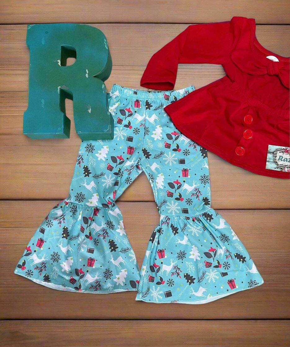 Christmas Boutique Bell Bottom Outfit / BOHO Reindeer Flare Pants, Christmas Red Bow Top -Razels