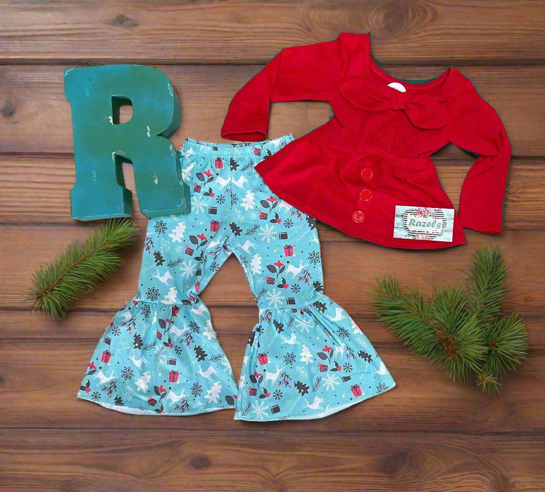 Christmas Boutique Bell Bottom Outfit / BOHO Reindeer Flare Pants, Christmas Red Bow Top -Razels