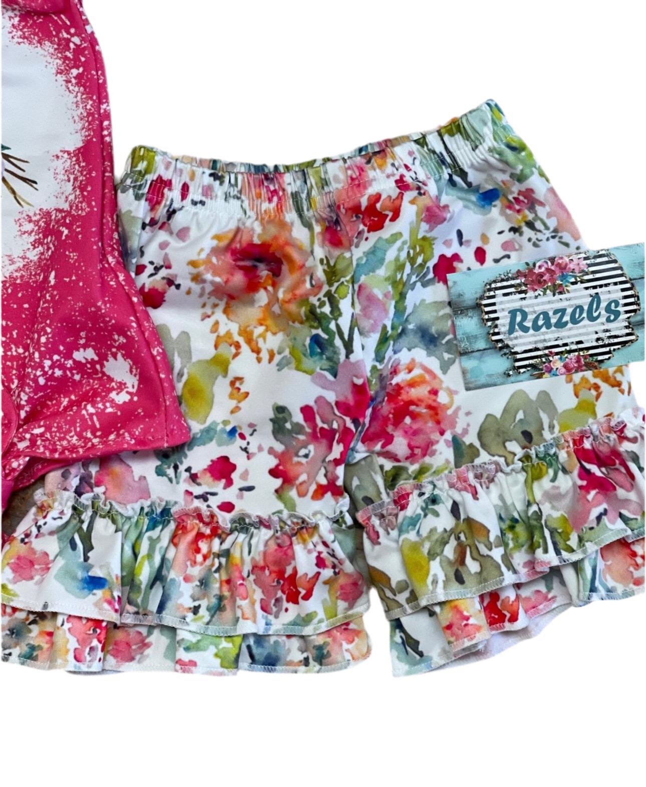 Cowgirl BOHO Short Set for Girls | Ruffle Sleeve Tee & Floral Ruffle Shorts, Cow Skull Design -Razels
