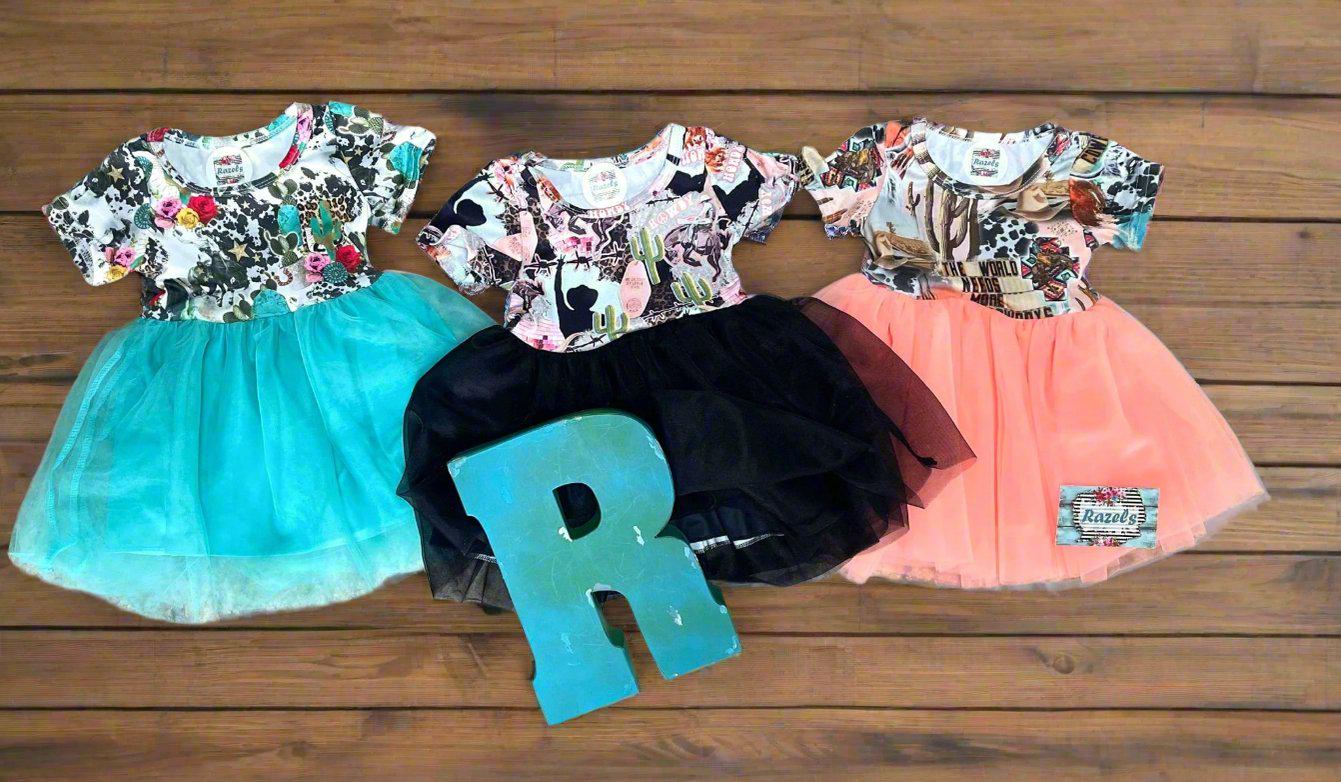 Western Party Dress for Girls | TUTU Dress, Cowgirl Birthday Dress, Western Flower Girl Dress for girls, toddlers and babies. Dress is available in turquoise, black and peach. Each tutu skirt bottom has it's own western print top. So cute!