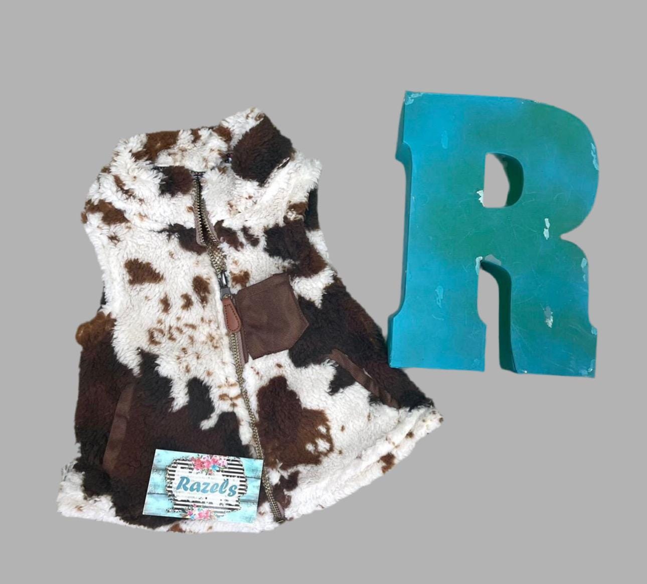 Kids COW Print SHERPA Vest, Cowhide Full Zip Vest -Razels