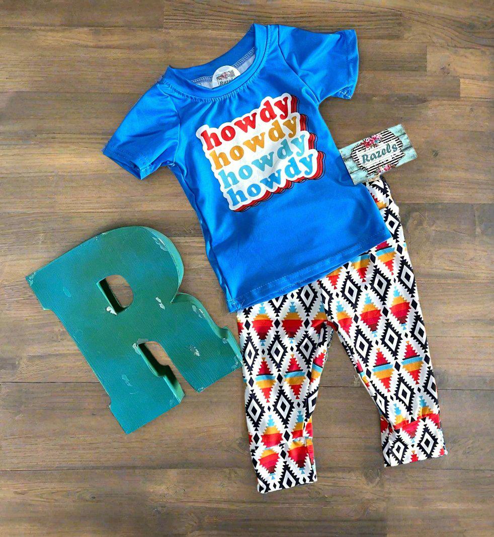 Retro Howdy Kids Western Outfit! 🤠✨ Featuring stylish Aztec jogger pants and a retro-inspired "Howdy" tee, this fun and comfy set is perfect for playtime, casual outings, or celebrating Western-themed events. 💥👕 Ships FREE with $35+ order