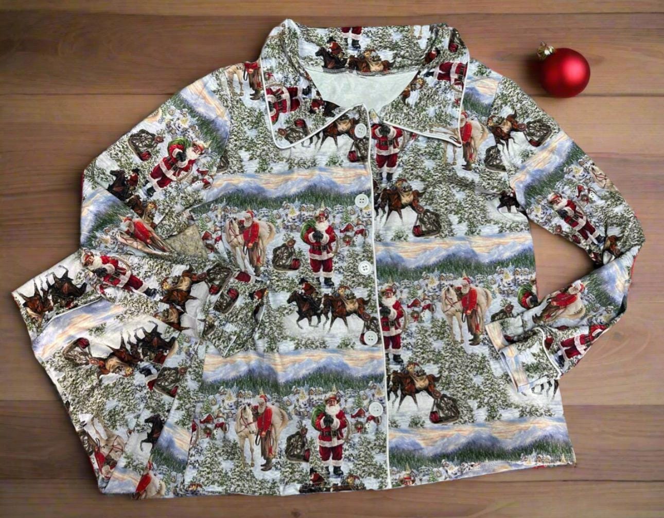 ORIGINAL Cowboy Santa Pajamas featuring Western Santa and his best horses. This button-down pajama style is perfect for the whole family.