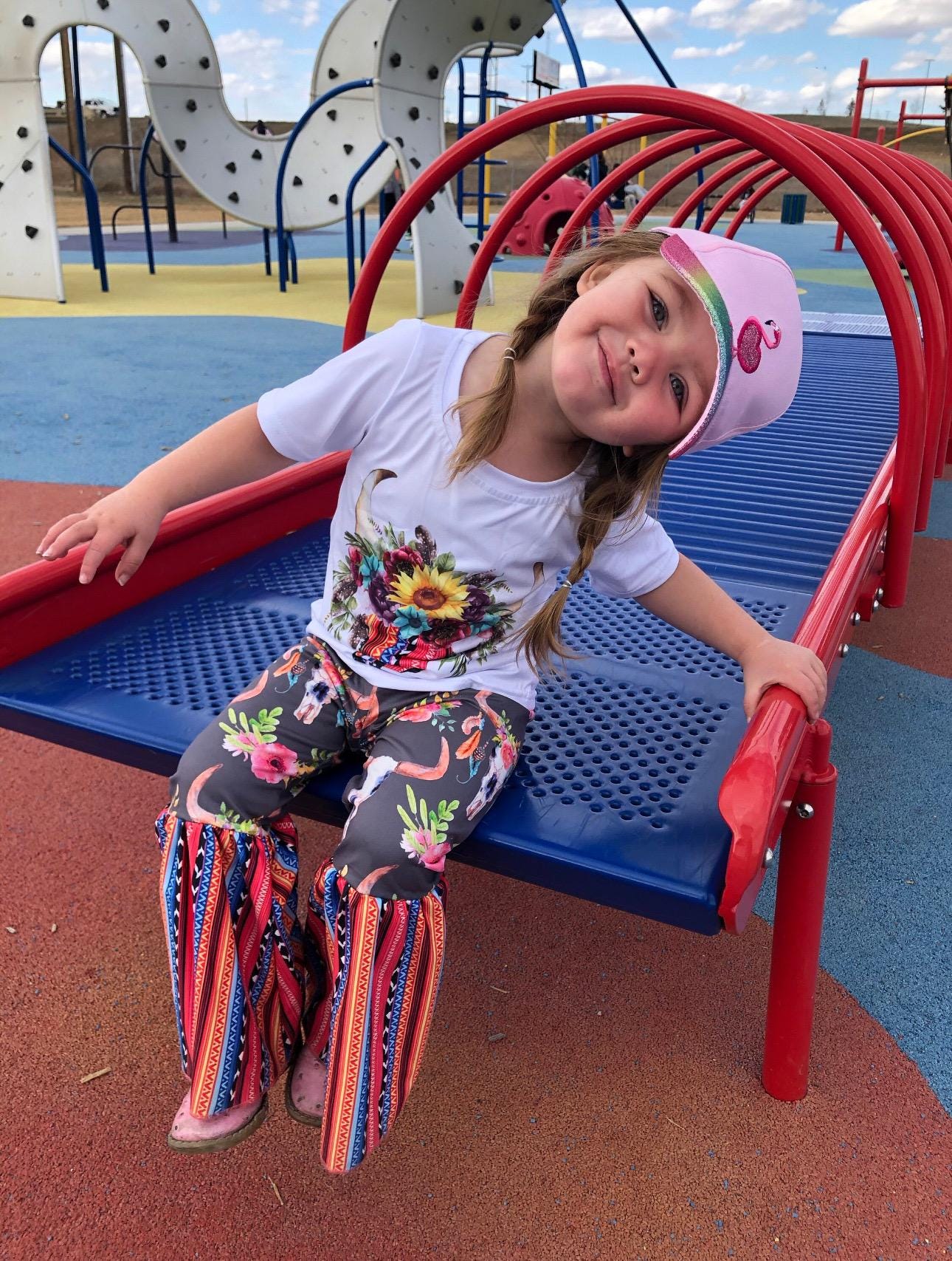 Girls' Cowgirl Bell Bottom Outfit: Steer Skull Sunflower Shirt -Razels