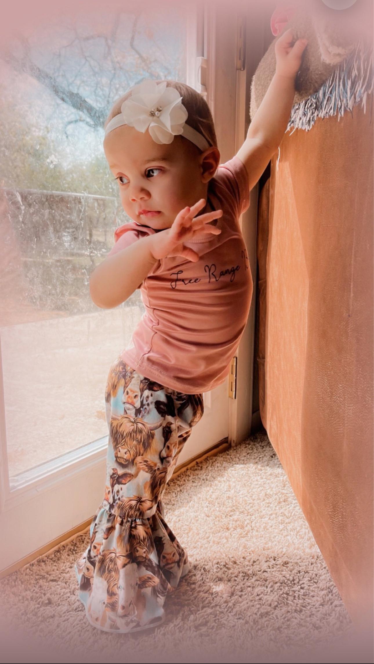 Girls 4t Cow Bell Bottom Outfit, Free Range Babe Bell Bottom Set, Cow Flare Pants -Razels