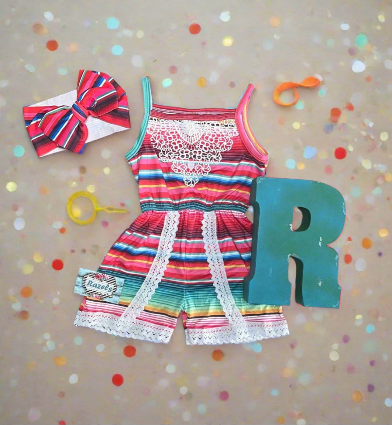 CLEARANCE Girls pink Striped Romper, Romper Serape and Lace Jumpsuit Fiesta Outfit Lightweight Summer Romper -Razels