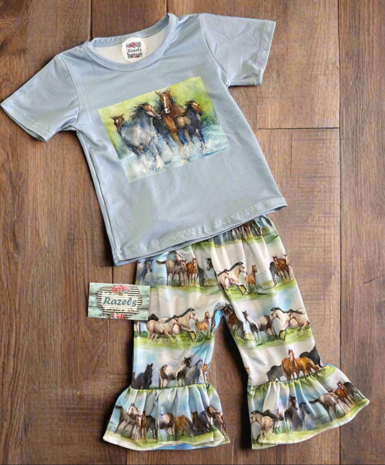 Horse Outfit, BABY Girls Bell Bottom Vintage Horse Pants & Retro Horse Shirt for 3-6 months, 6-12 months, 12-18 months -Razels