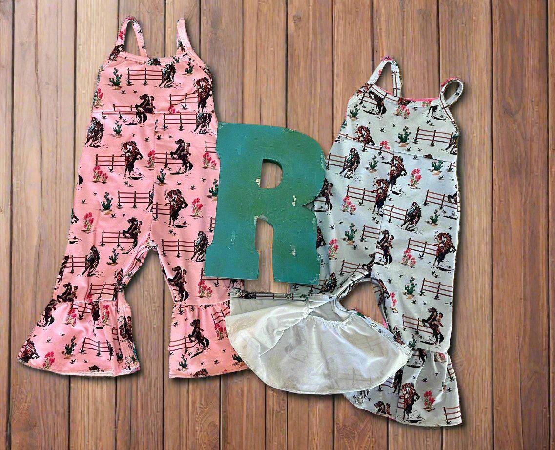 Girls' Retro Cowgirl Romper: Western Jumpsuit, Pink or Blue -Razels
