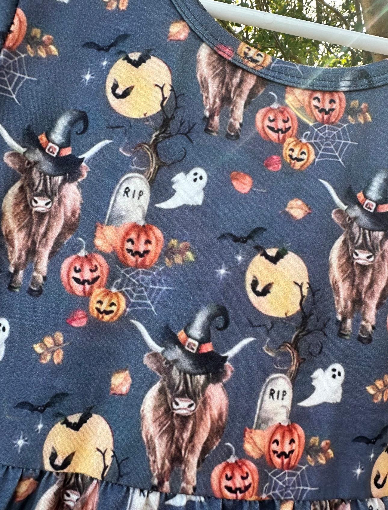 Highland Cow HALLOWEEN Dress: Western long-sleeve dress for girls featuring Highland cows in witches hats, bats, RIP graves stones, pumpkins, the full moon, spiderwebs, and more. Perfect all Fall.
