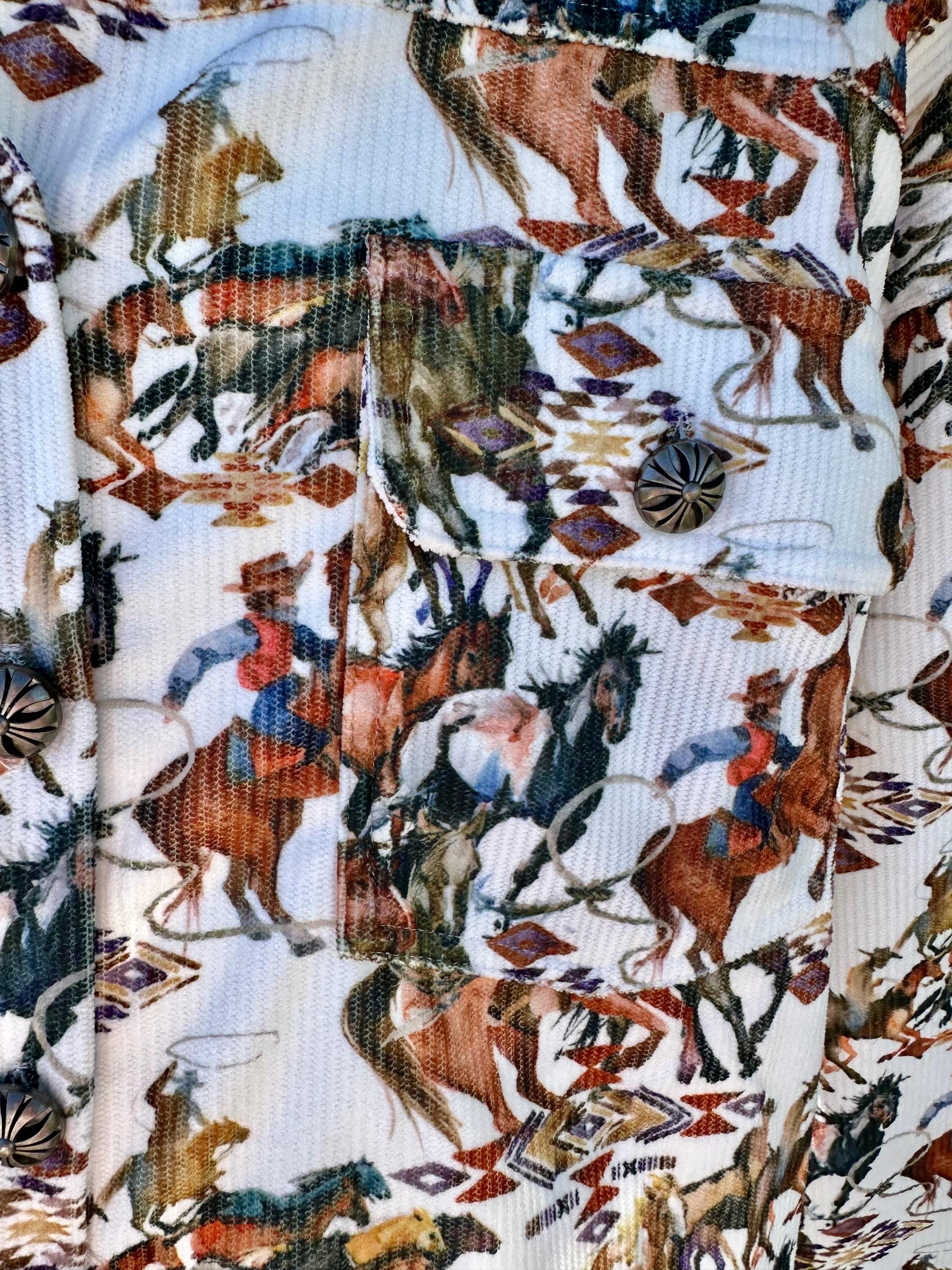 Women's Western Corduroy Cowboy Shirt – Vintage Cowgirl Button-Up. Meet your new favorite go-to piece—the Cowgirl Button-Up Corduroy Shirt! This vintage cowboy print shirt blends classic Western charm with effortless style, making it a must-have for any cowgirl’s wardrobe.
Shirt features an Authentic Cowboy Print – A unique blend of soft brown, cream, and green tones for a true Western vibe.
Corduroy Fabric and is Versatile & Stylish. Ships FREE from MONTANA today!