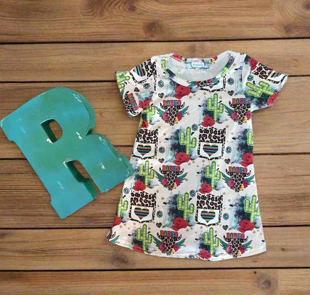 Cowgirl Dress for Kids Toddler & Baby - Rodeo T-Shirt Dress with Cheetah Skull, Cactus and Back Number Design -Razels