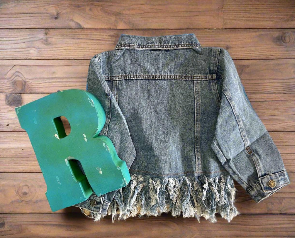 Girls' Fringe Denim Jacket – Distressed Jean Jacket with Fun Fringe Details | Stylish Outerwear for Kids