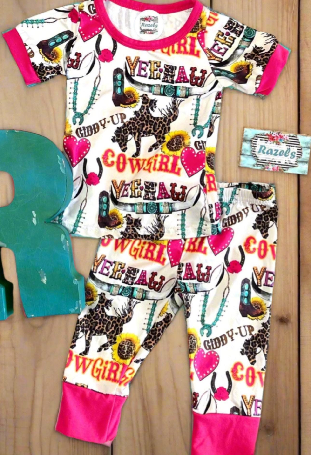 Cowgirl Pajamas / GIDDY UP Yeehaw Pajamas, Pink Hearts and Cowgirls -Razels
