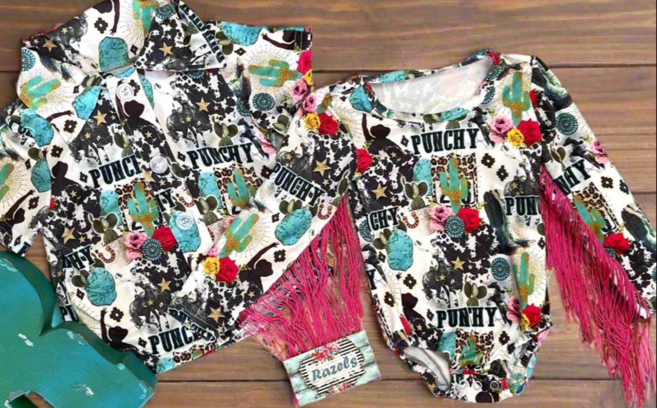Rodeo Ready! 🤠
It’s almost Rodeo Time, and these Matching Kid Rodeo Shirts are absolutely adorable! Whether your little Cowboy or Cowgirl is a rodeo fan or heading to the arena, these Punchy Cowboy & Cowgirl Shirts will have them looking like a true Showstopper!
✔ Cowboy Shirt & Cowgirl Fringe Leotard – Perfect for rodeo season!
✔ Fringe Leo adds the cutest Western flair for your little cowgirl.
✔ Soft & stretchy Cotton/Spandex blend for all-day comfort.