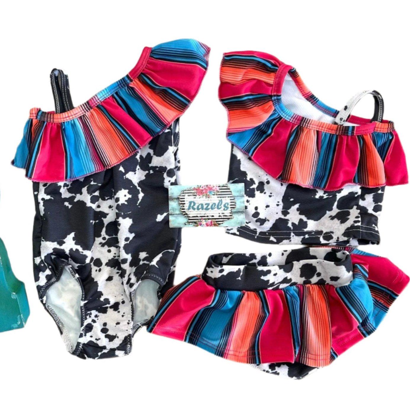Cow Print Swimsuit Matching Western Swimwear – Cowboy & Cowgirl Serape Swim Trunks, Girls' 1-Piece & Tankini
