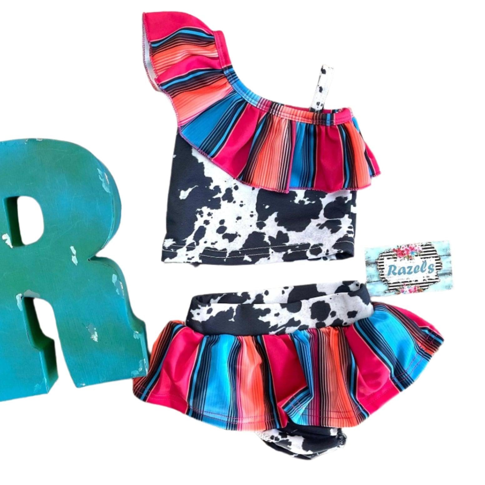 Cow Print Swimsuit Matching Western Swimwear – Cowboy & Cowgirl Serape Swim Trunks, Girls' 1-Piece & Tankini