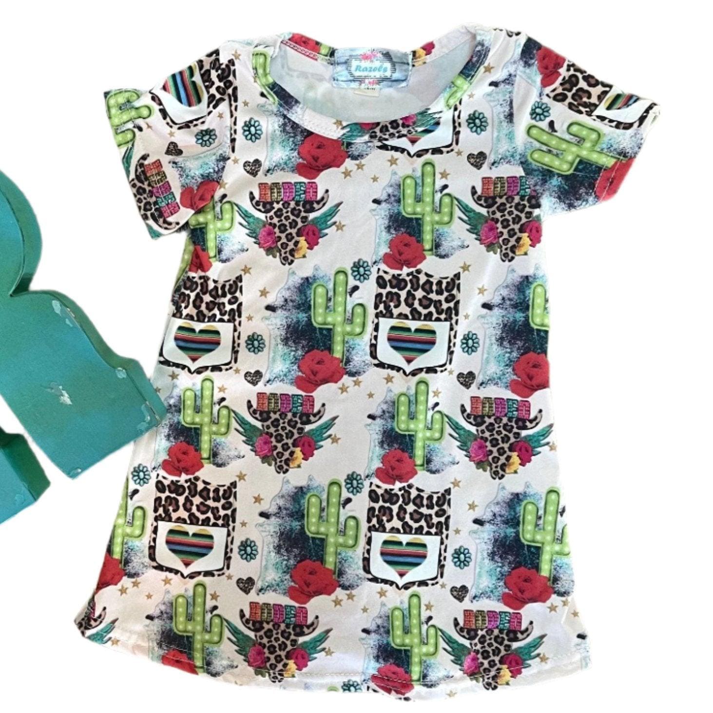 Cowgirl Dress for Kids Toddler & Baby - Rodeo T-Shirt Dress with Cheetah Skull, Cactus and Back Number Design -Razels