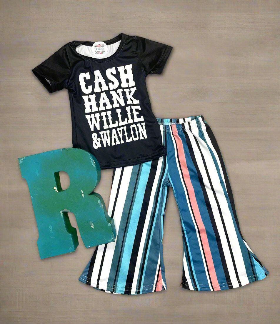 Girls Country Music bell bottom outfit. The outfit features black t-shirt with CASH, HANK, WILLIE, AND WAYLON scrolled across the front. Bell bottom pants feature stripes in pink, blue, black, white and turquoise.