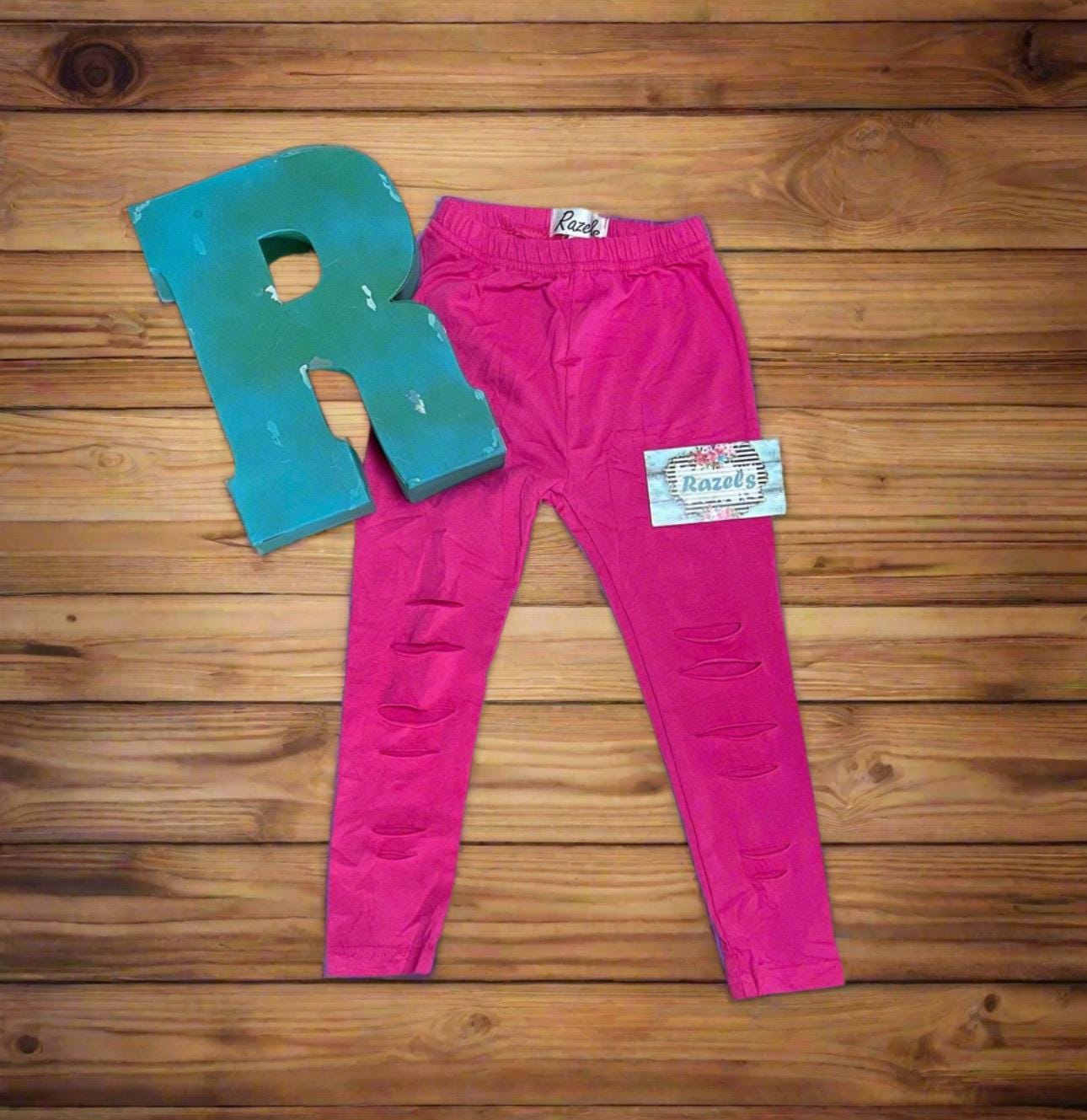 Toddler Girls Ripped Leggings Size 4 5, Hot Pink Distressed Pants -Razels