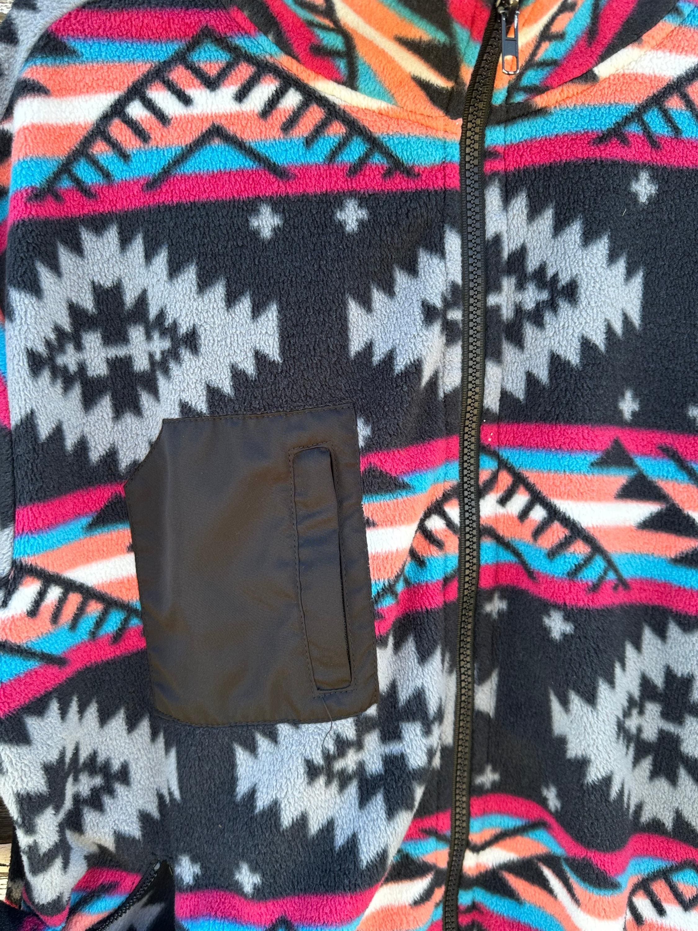 Western Fleece Jacket, Aztec Fleece Jacket, Spring Fleece Jacket, Western Zip Up features a vibrant Aztec print in black, grey, hot pink, orange, and turquoise pattern. With a convenient zip-up design, this jacket is perfect for all seasons.