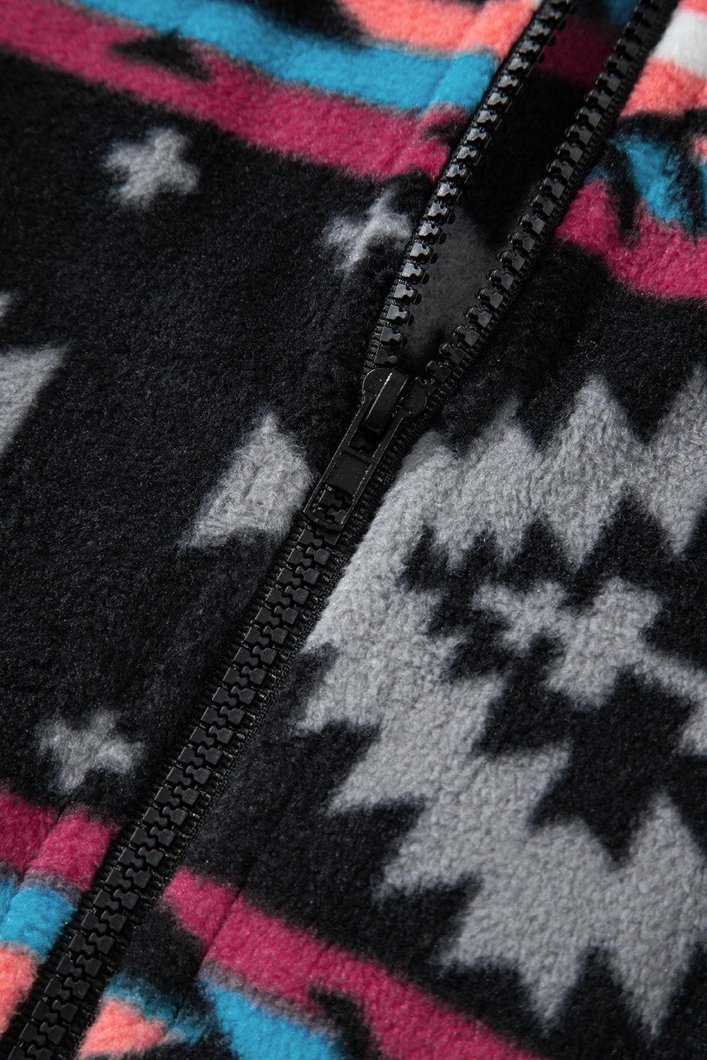 Western Fleece Jacket, Aztec Fleece Jacket, Spring Fleece Jacket, Western Zip Up features a vibrant Aztec print in black, grey, hot pink, orange, and turquoise pattern. With a convenient zip-up design, this jacket is perfect for all seasons.